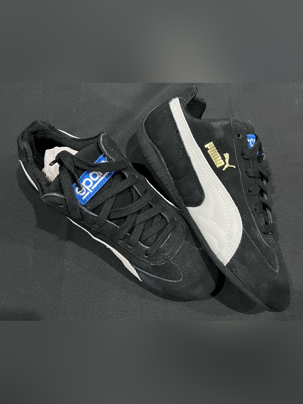 BTG Puma x Sparco Speedcat Black & White Suede Sneaker with Gold Logo